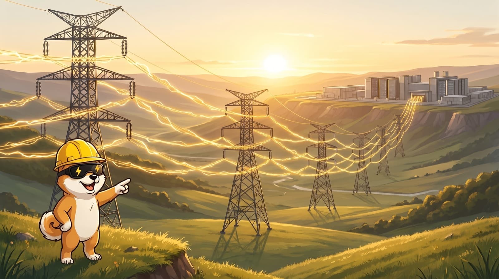 The WATT INU mascot looking across a valley of transmission towers feeding a data-centre campus